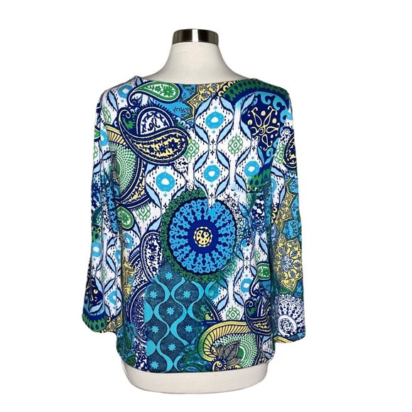 Chico’s 2 bell sleeve top paisley print blue green - Picture 4 of 9